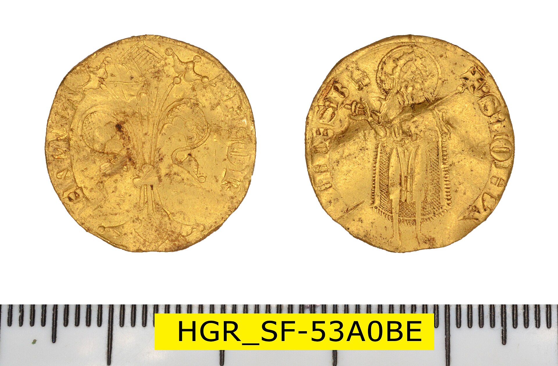 A gold Florentine florin (c. 1285-1290) with the fleur-de-lis and St John the Baptist; the coin of the Florence the Bardi and Peruzzi banked in.