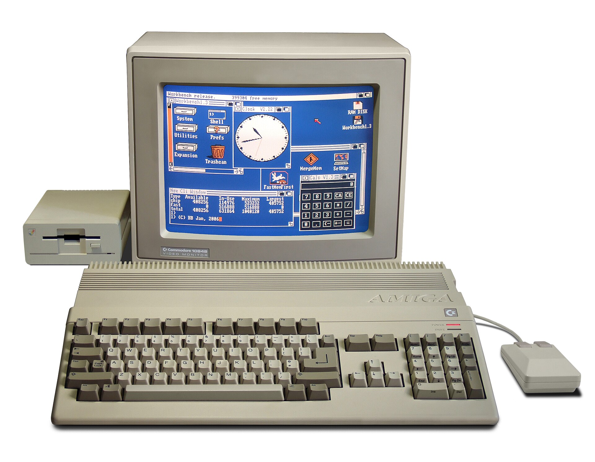 A Commodore Amiga 500 with monitor and mouse — Commodore's graphics-and-sound machine of the late 1980s