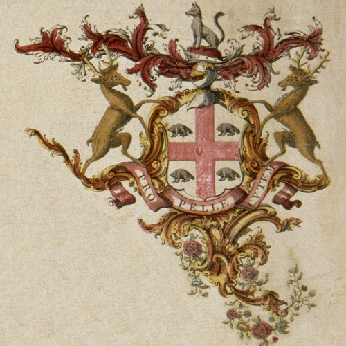 The 1671 coat of arms of the Hudson's Bay Company, with four beavers around a St George's cross.