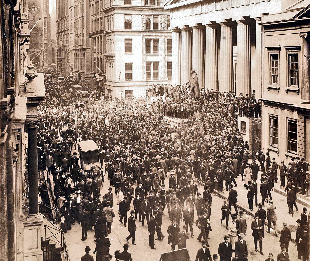 Crowd on Wall Street during the bank panic of October 1907, triggered by the Knickerbocker Trust collapse