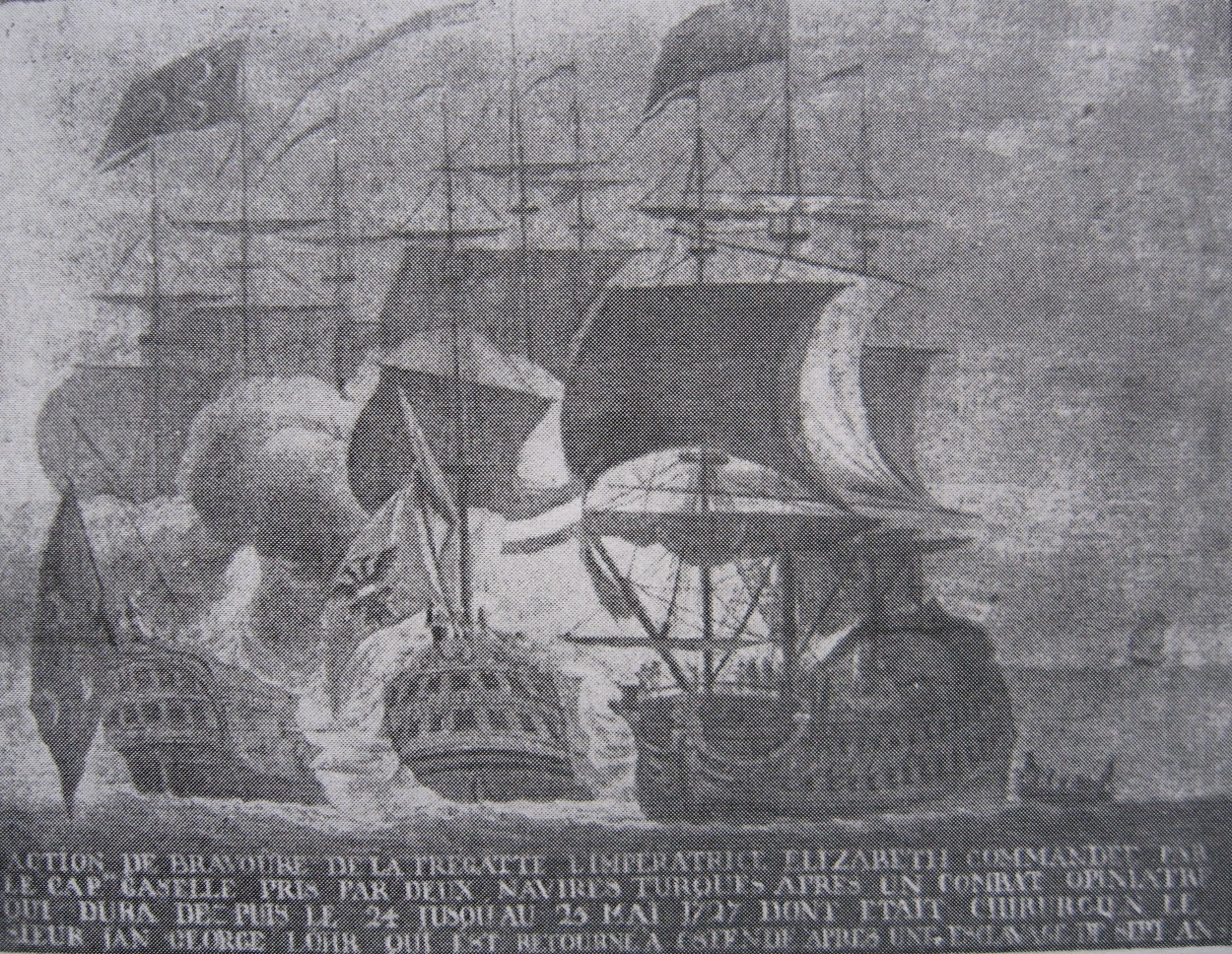 Painting of the Ostend Company ship Impératrice Élisabeth being attacked by Barbary Coast corsairs in 1724