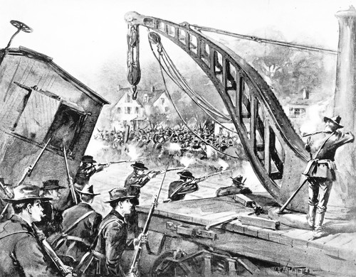 Federal troops guarding Pullman Company property during the 1894 Pullman Strike, Harper's Weekly illustration