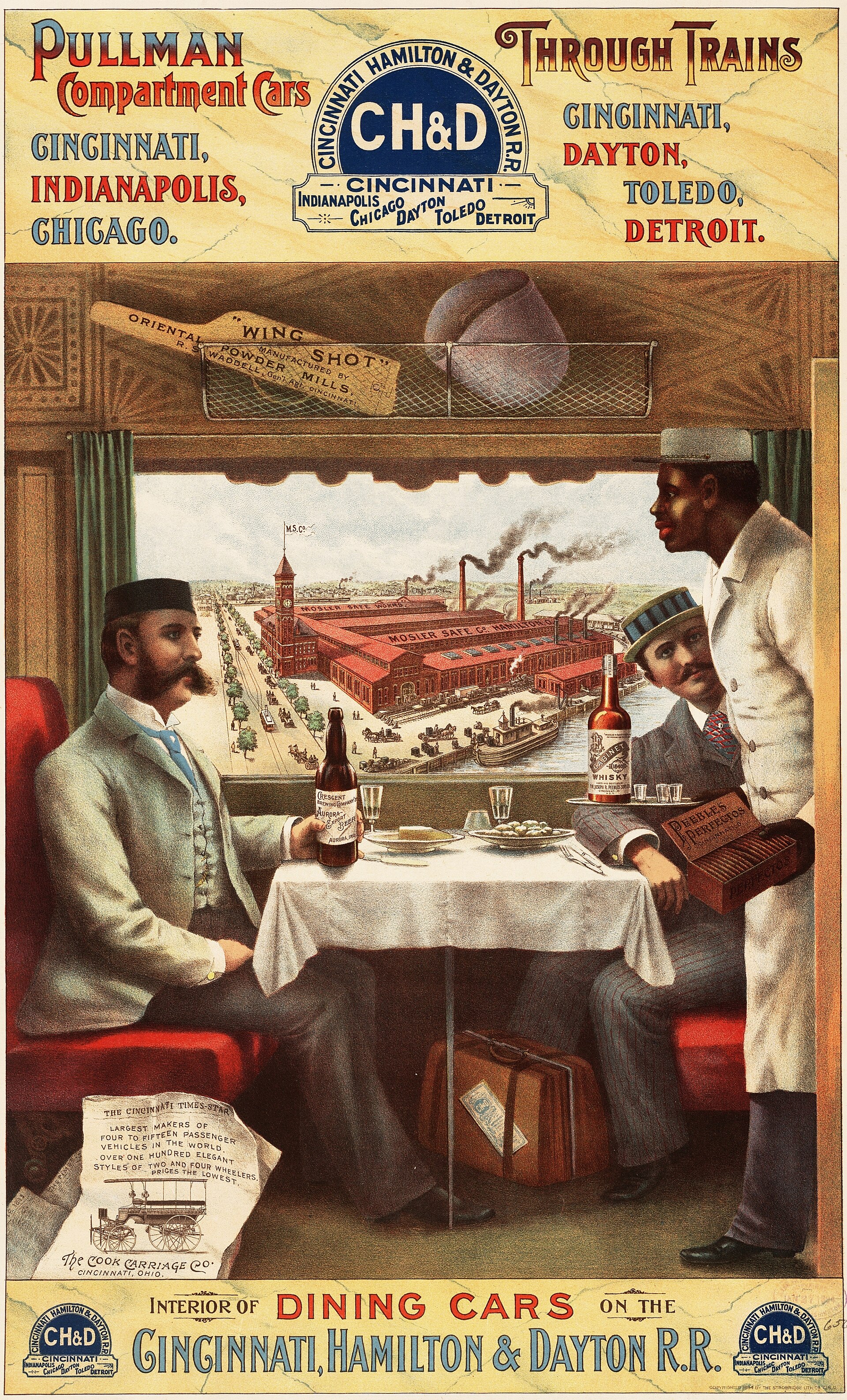 An 1894 colour lithograph of a Pullman dining car interior, with a porter serving passengers.