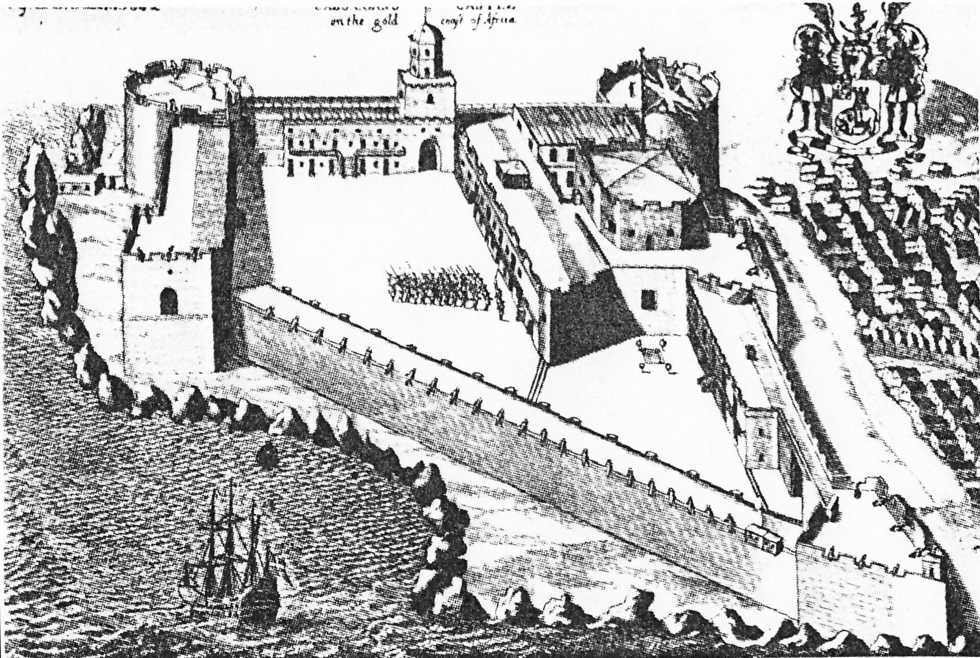 Engraving of Cape Coast Castle as it appeared in 1682, the Royal African Company's principal trading fort on the Gold Coast of Ghana