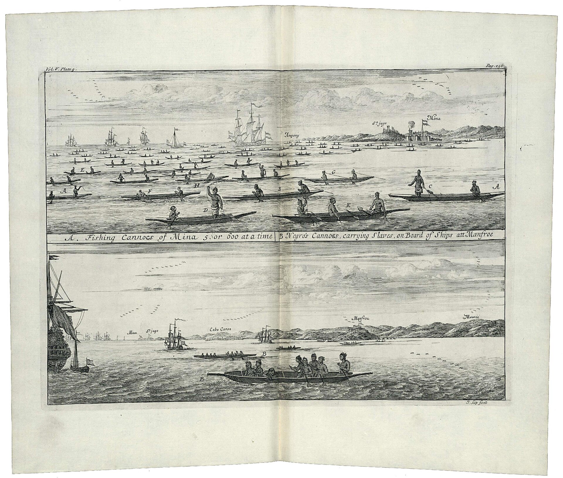 1732 engraving depicting enslaved people being transported aboard European ships at Manfroe on the Gold Coast of West Africa