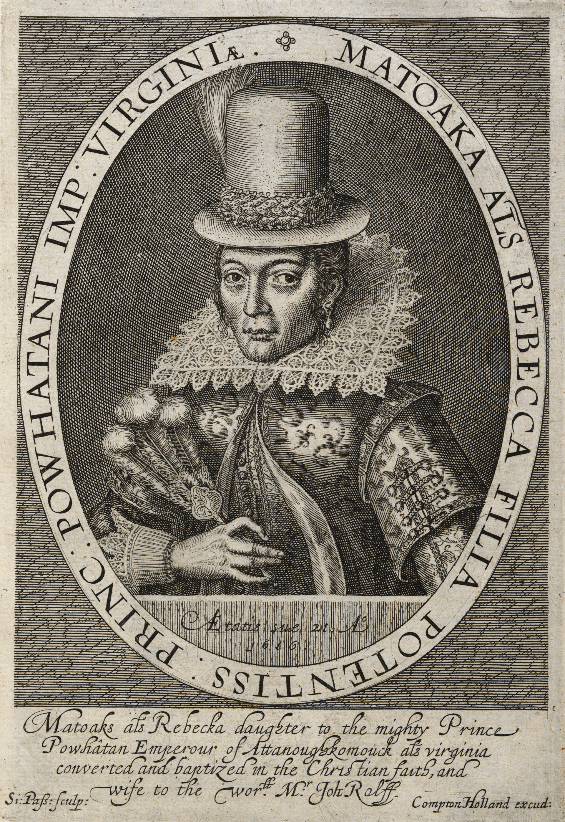 1616 engraved portrait of Pocahontas by Simon van de Passe, made during her visit to England