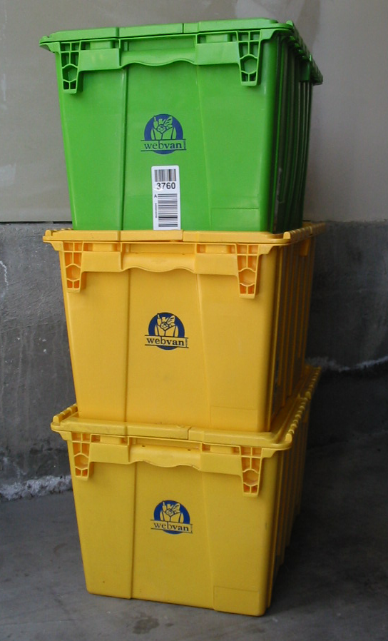 Stack of Webvan reusable plastic delivery tubs, the containers used for grocery deliveries