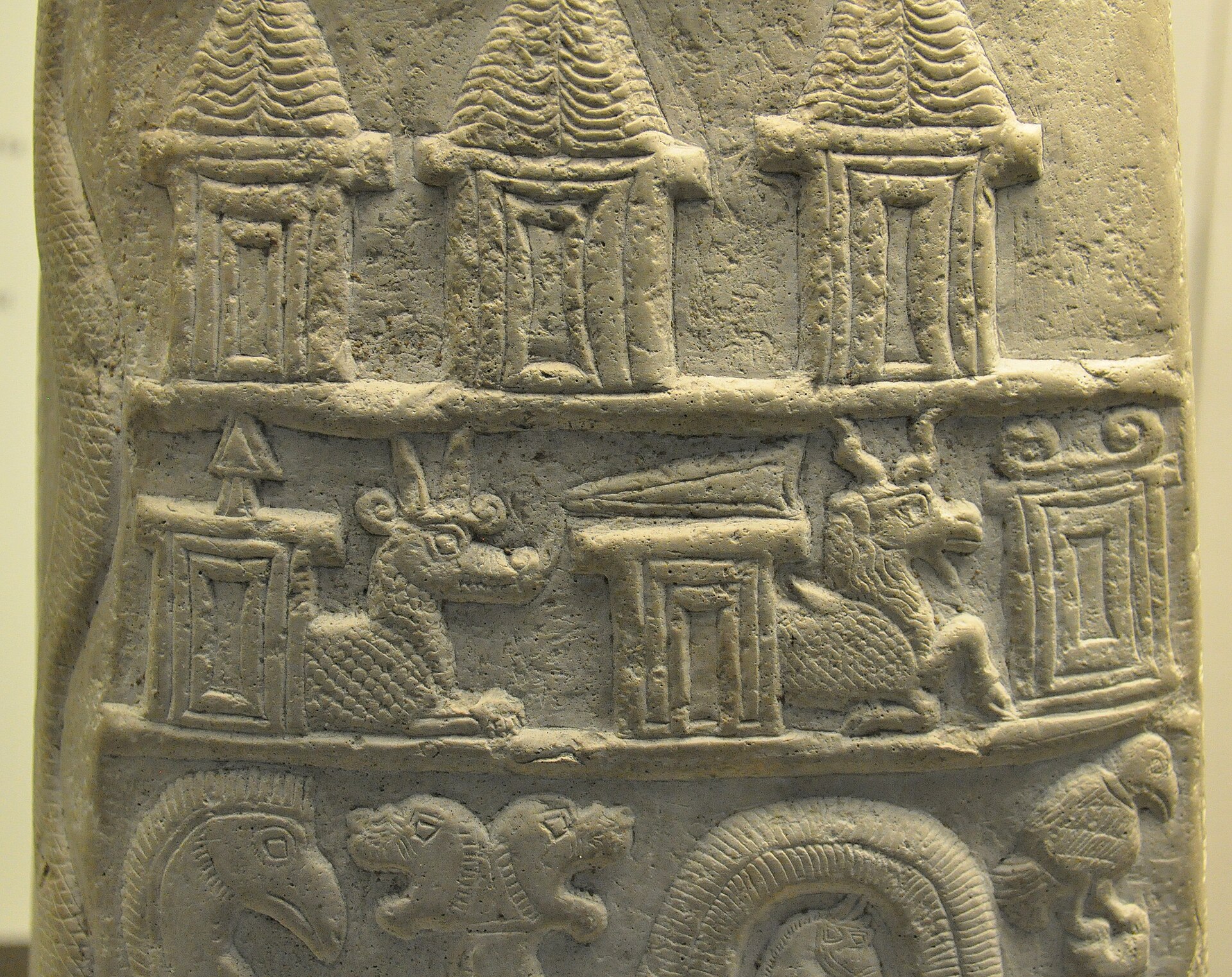 Middle register of the kudurru boundary stone of Ritti-Marduk, bearing divine emblems including the symbol of the sky-god Anu, Babylonian, 1125–1104 BCE, British Museum