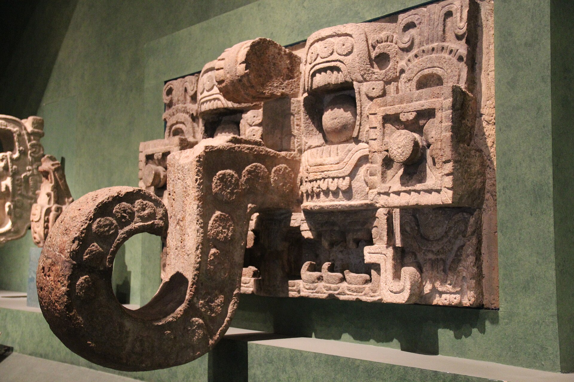 Maya stone Chaac mask from Kabah, Terminal Classic (800-1000 AD), National Museum of Anthropology, Mexico City