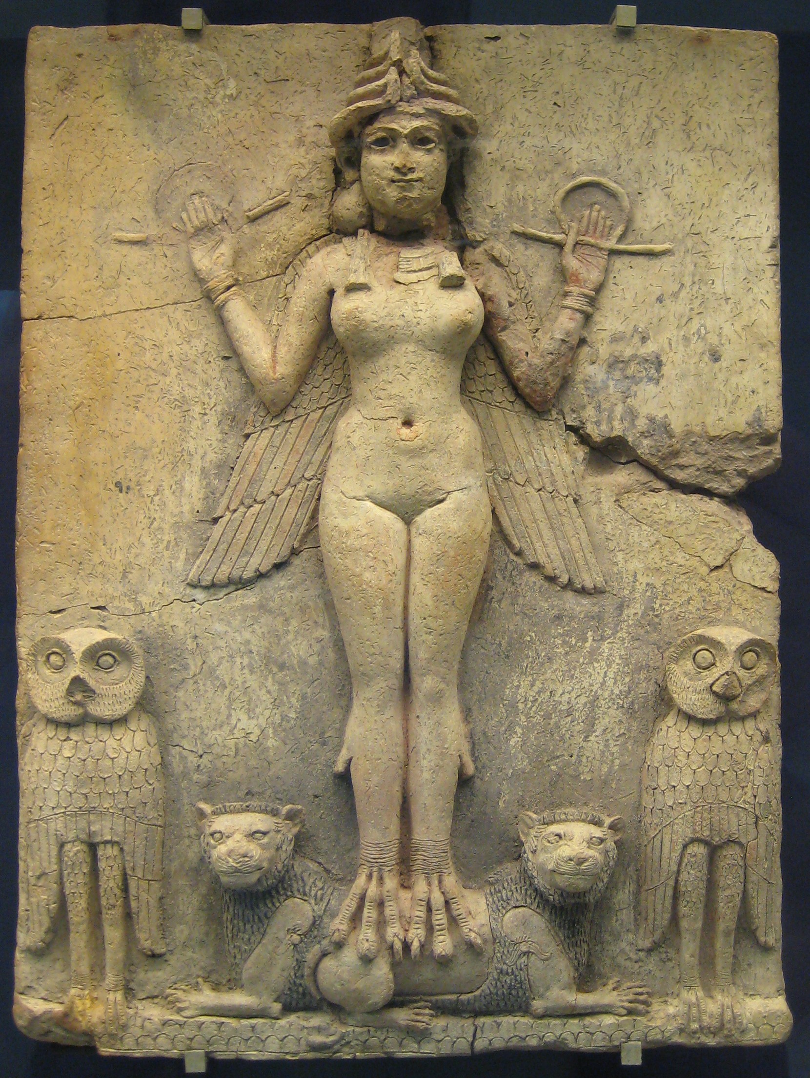 The Burney Relief (Queen of the Night), an Old Babylonian terracotta plaque of a winged goddess flanked by owls and lions, 19th-18th century BCE