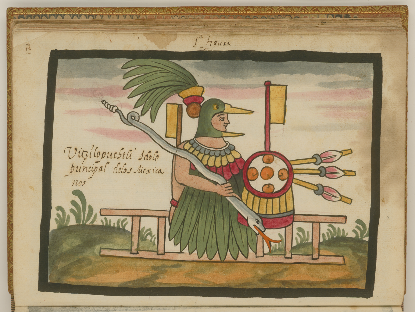 Huitzilopochtli holding a turquoise serpent and shield, in a hummingbird helmet, from the Tovar Codex, late 16th century