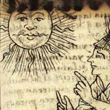 Inti as a sun disk with a human face and radiating flames, from Guaman Poma's chronicle, 1615