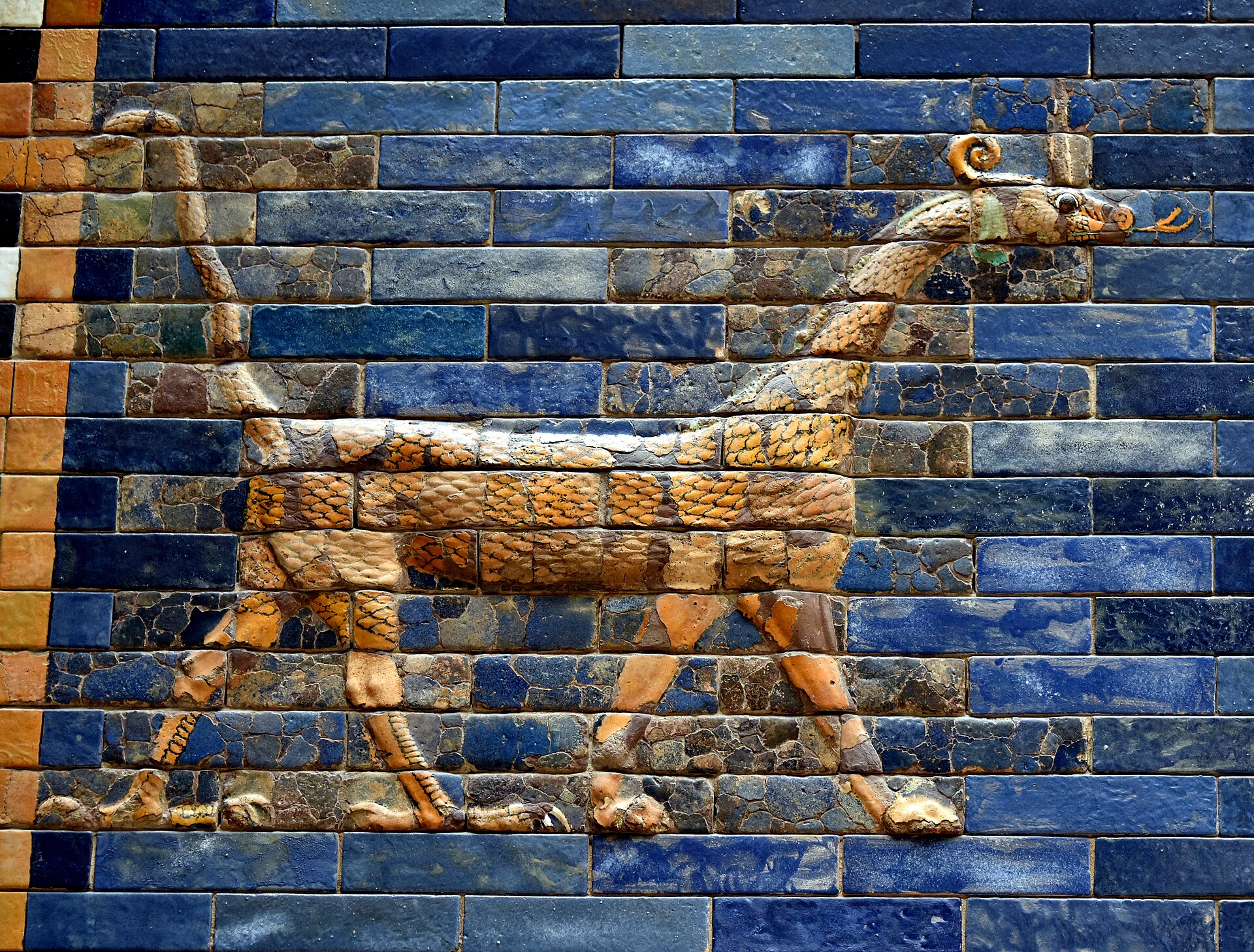 Mušḫuššu dragon of Marduk in glazed molded brick from the Ishtar Gate of Babylon, 6th century BCE; Pergamon Museum, Berlin