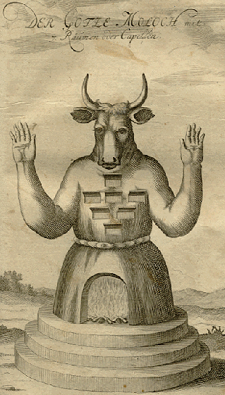 18th-century German illustration of the idol Moloch, showing the deity with seven chambers or chapels.