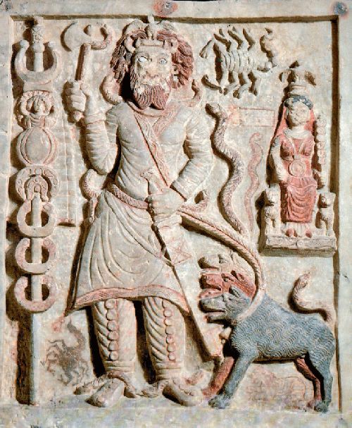 Stone relief carving of Nergal, Mesopotamian god of death and plague, from the ancient Parthian city of Hatra, Iraq.