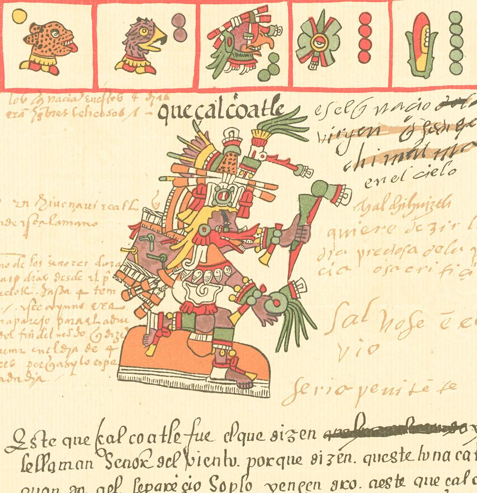 Depiction of the Aztec feathered-serpent god Quetzalcoatl from the Codex Telleriano-Remensis, a 16th-century manuscript.