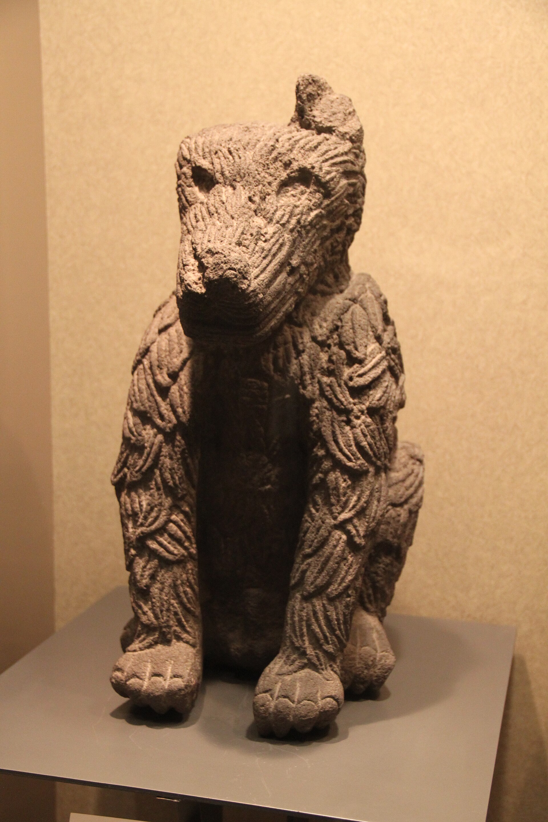 Aztec stone feathered coyote sculpture associated with Tezcatlipoca, National Museum of Anthropology, Mexico City