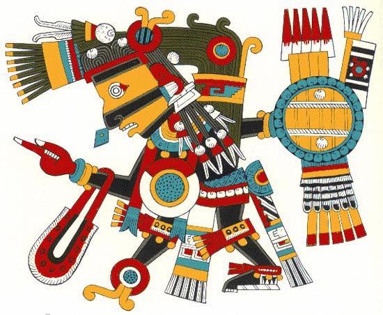 The black god Tezcatlipoca as depicted in the Codex Borgia, a pre-Columbian Aztec manuscript.