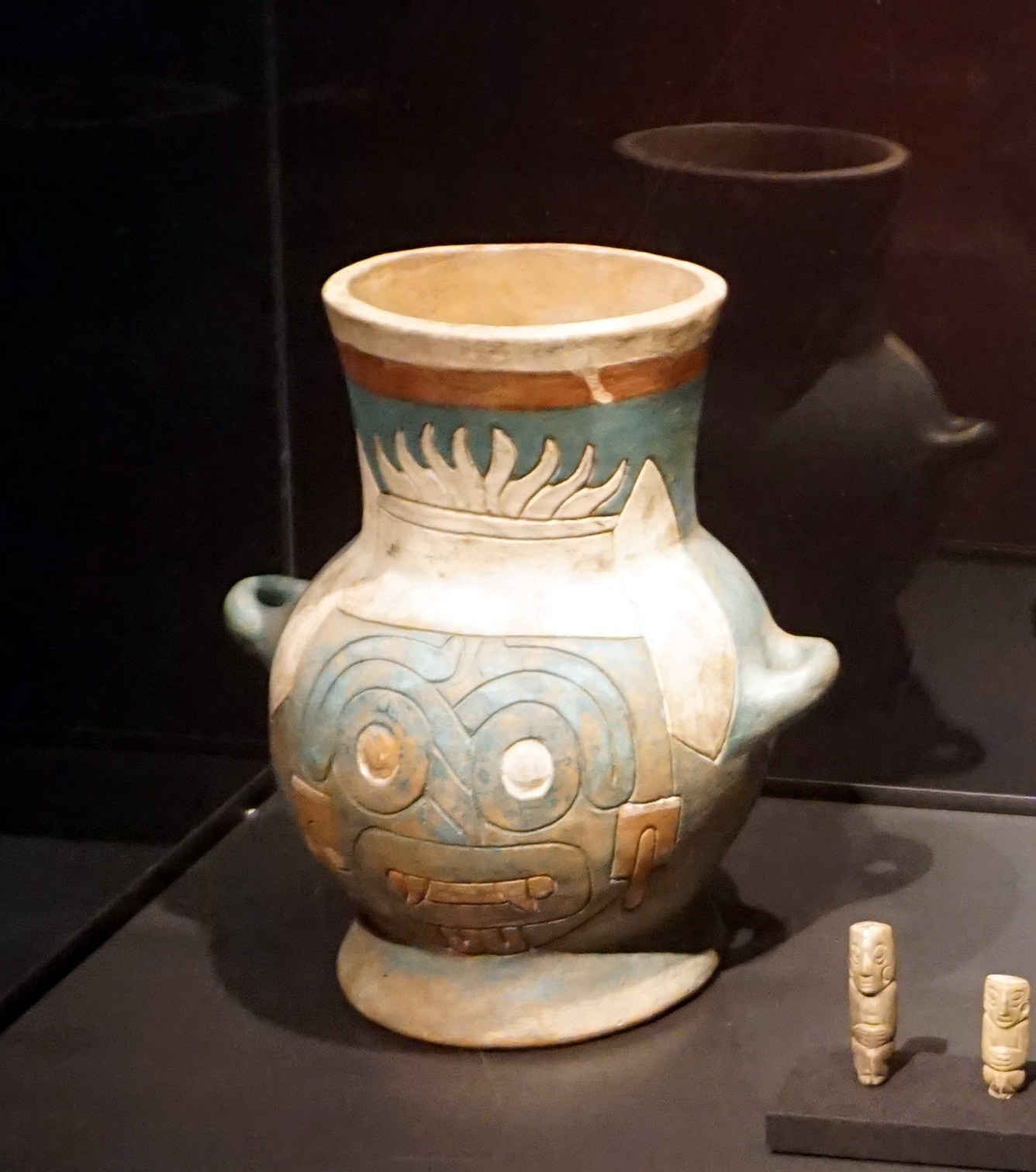 Aztec blue ceramic effigy jar depicting the rain god Tlaloc