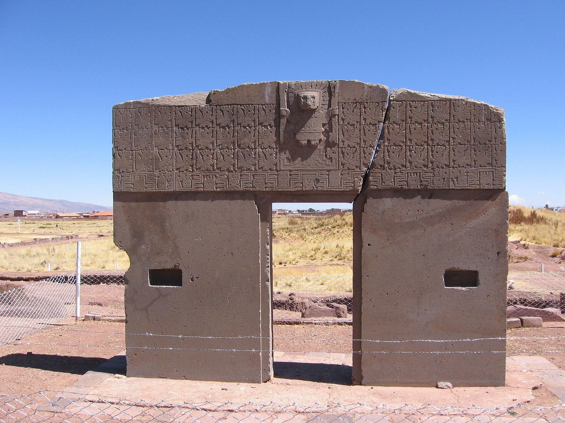 The Gateway of the Sun at Tiwanaku, Bolivia; the central 'Staff God' relief above the doorway is widely identified with the creator god Viracocha
