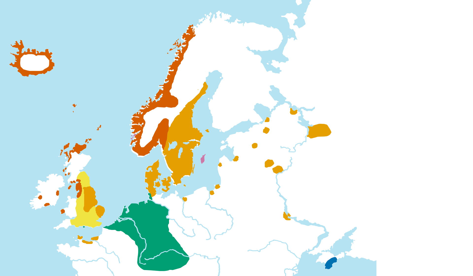 Map of Old Norse and related Germanic languages c. 900 CE, with the Crimean Gothic area marked on the Crimean Peninsula.