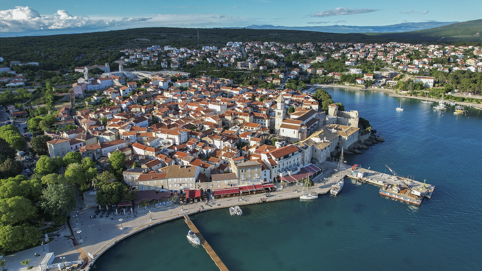 Aerial view of Krk town on the island of Krk, Croatia — home of Antonio Udaina, the last speaker of the Dalmatian language