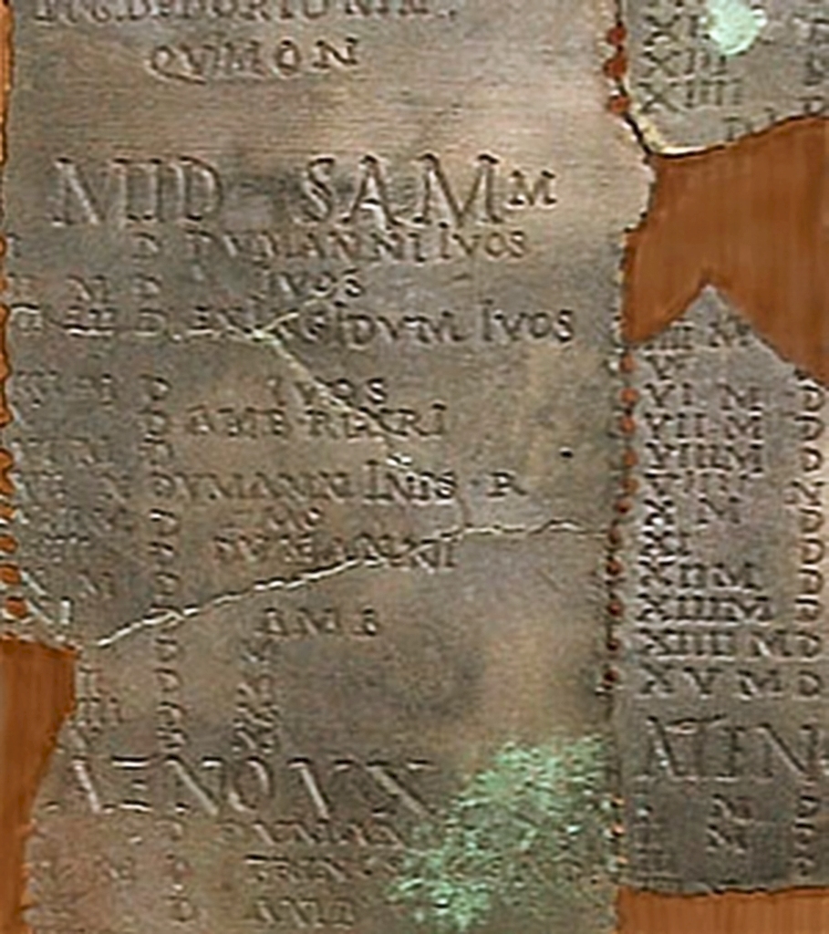 Close-up of the Coligny Calendar, a bronze tablet inscribed in Gaulish, 1st-2nd century CE, Gallo-Roman Museum, Lyon.