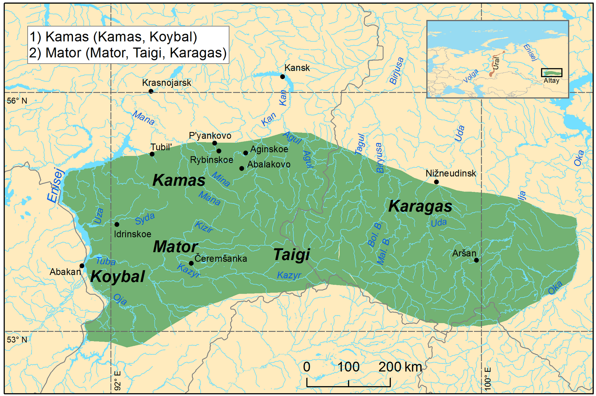 Map of the historical range of the Sayan Samoyedic languages, including Kamassian, in southern Siberia