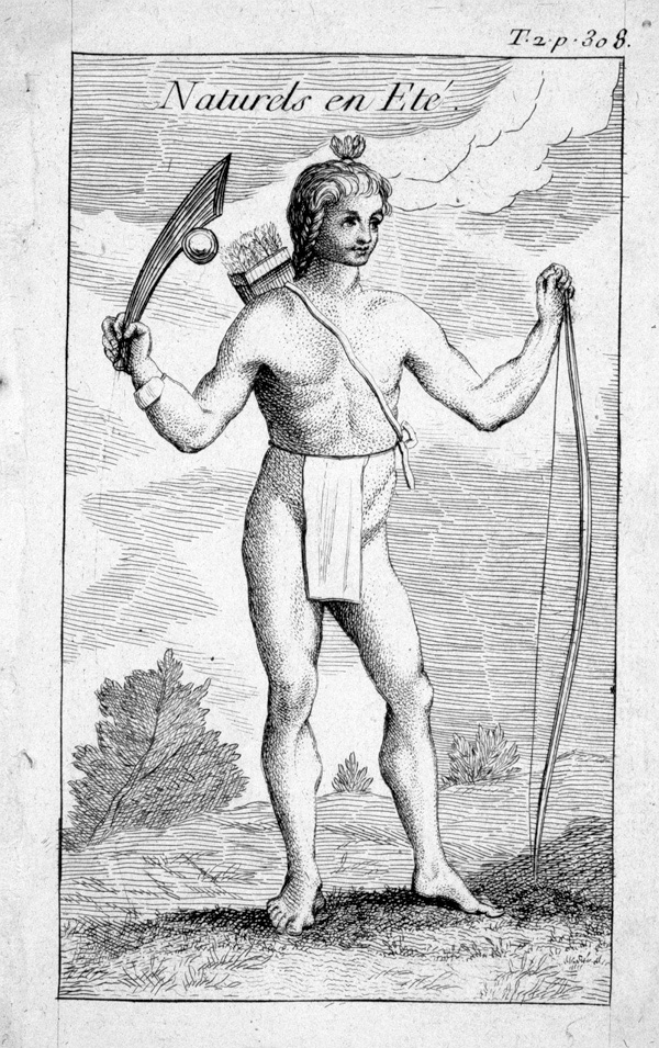 Illustration of a Natchez warrior in summer dress, from Histoire de la Louisiane by Le Page du Pratz, 1758