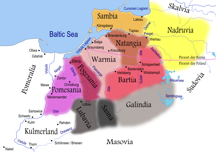 Map of Old Prussian tribal clans in the 13th century, showing Galindians, Sudovians, and related Baltic peoples