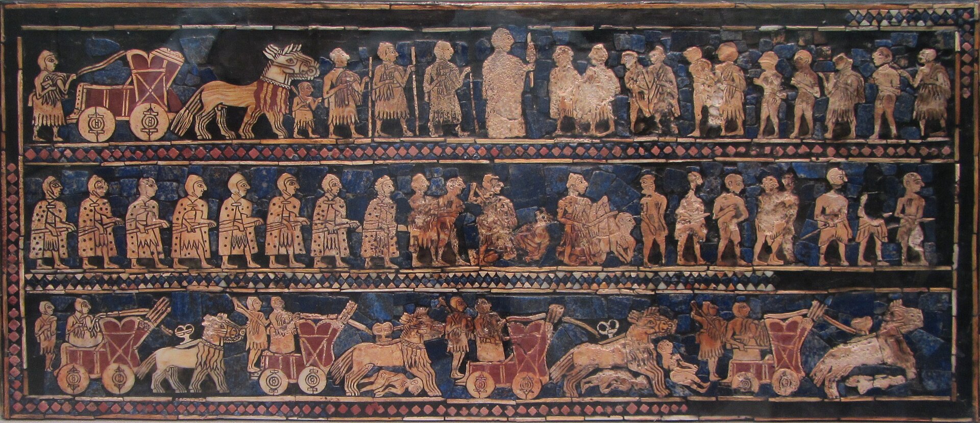 The War panel of the Standard of Ur, a Sumerian mosaic, c. 2600 BCE, British Museum