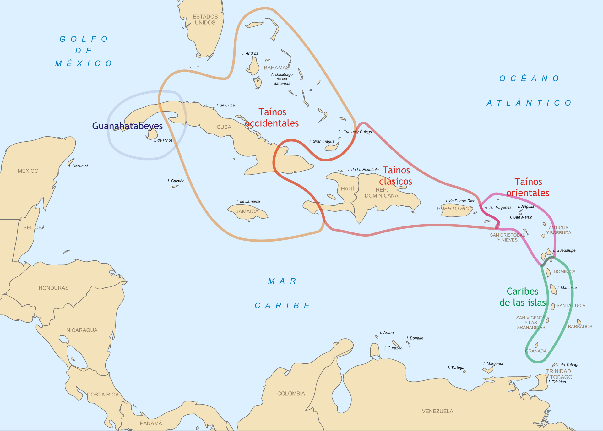 Map of the Taino and related Arawak peoples across the Antilles at the time of Spanish contact in the late 15th century.