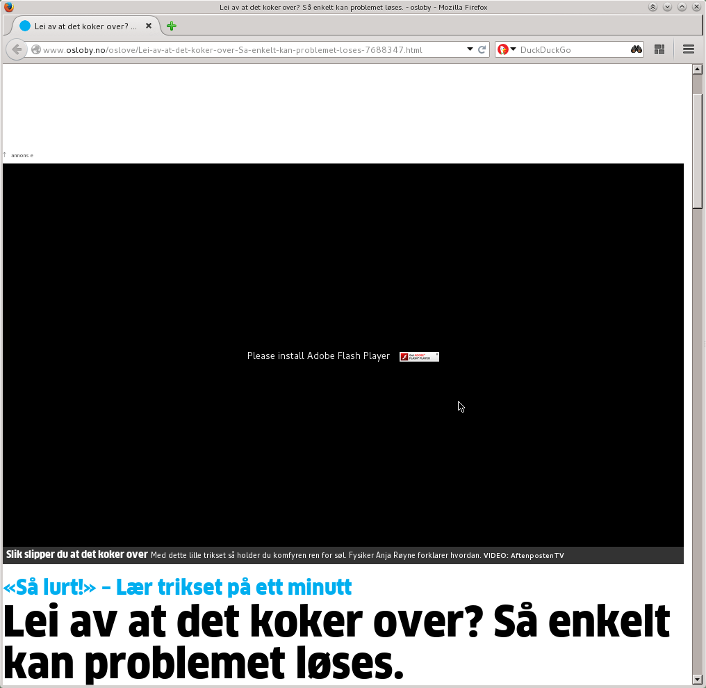 A web page blocked by a large black 'Please install Adobe Flash Player' prompt in Firefox