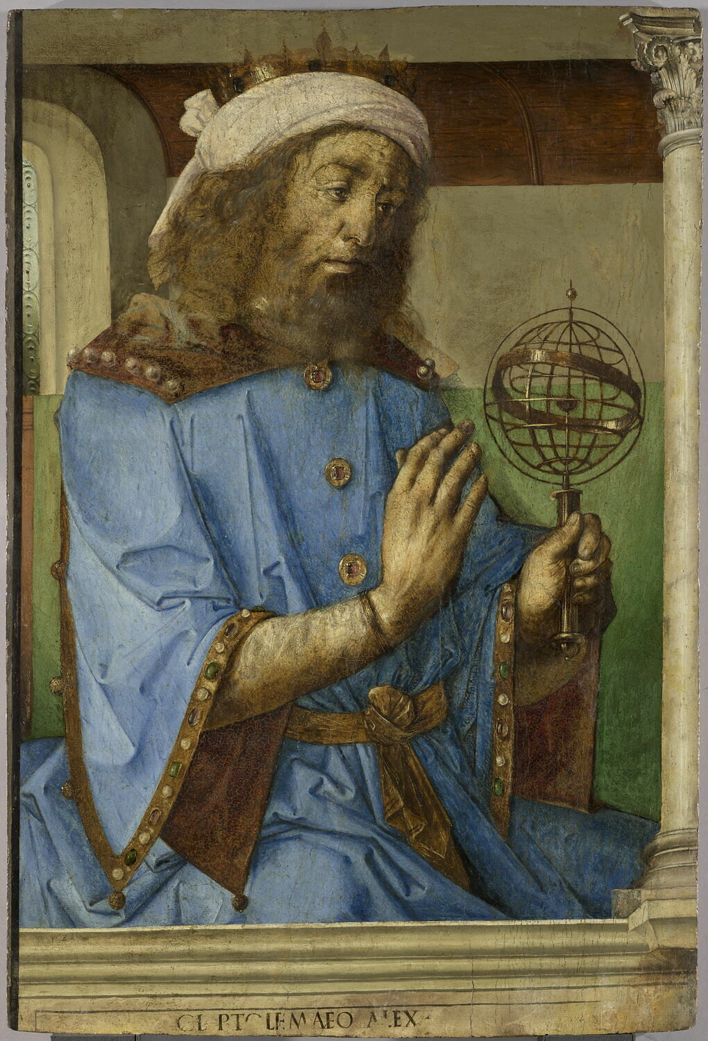 Portrait of Ptolemy holding an armillary sphere, from a 1476 illuminated manuscript attributed to Joos van Ghent and Pedro Berruguete, Louvre
