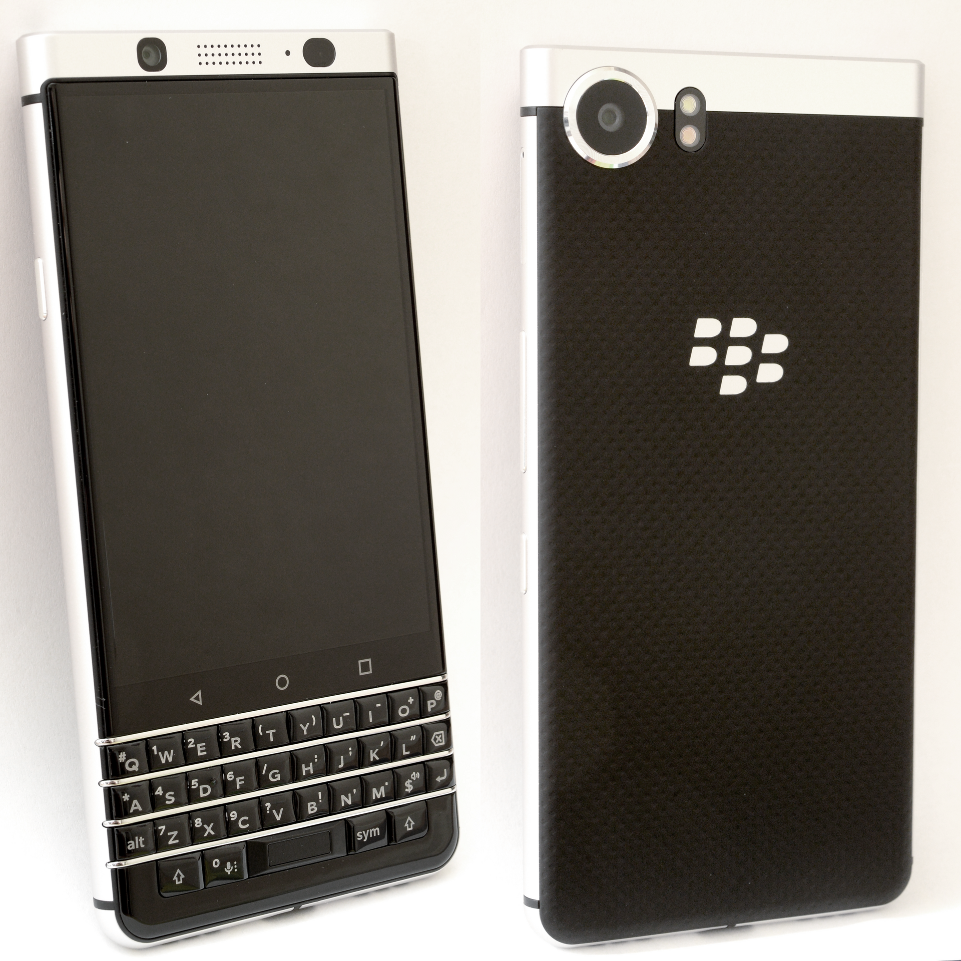 A BlackBerry KEYone smartphone, showing the brand's signature physical QWERTY keyboard below the touchscreen.