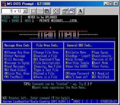The text-based main menu of a dial-up bulletin board system shown on a terminal.