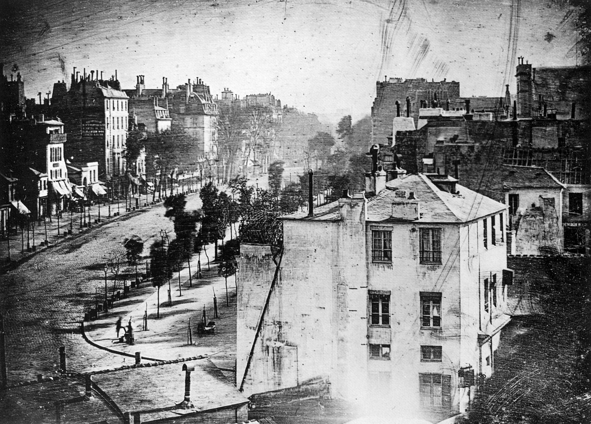 Boulevard du Temple, Paris, 1838 — one of the earliest daguerreotypes showing a person