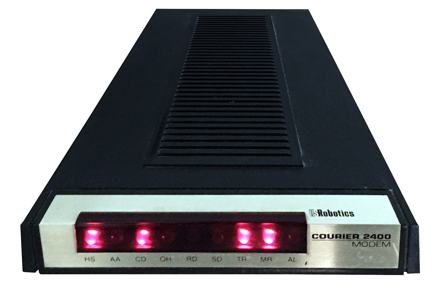 US Robotics Courier 2400 external dial-up modem, powered on