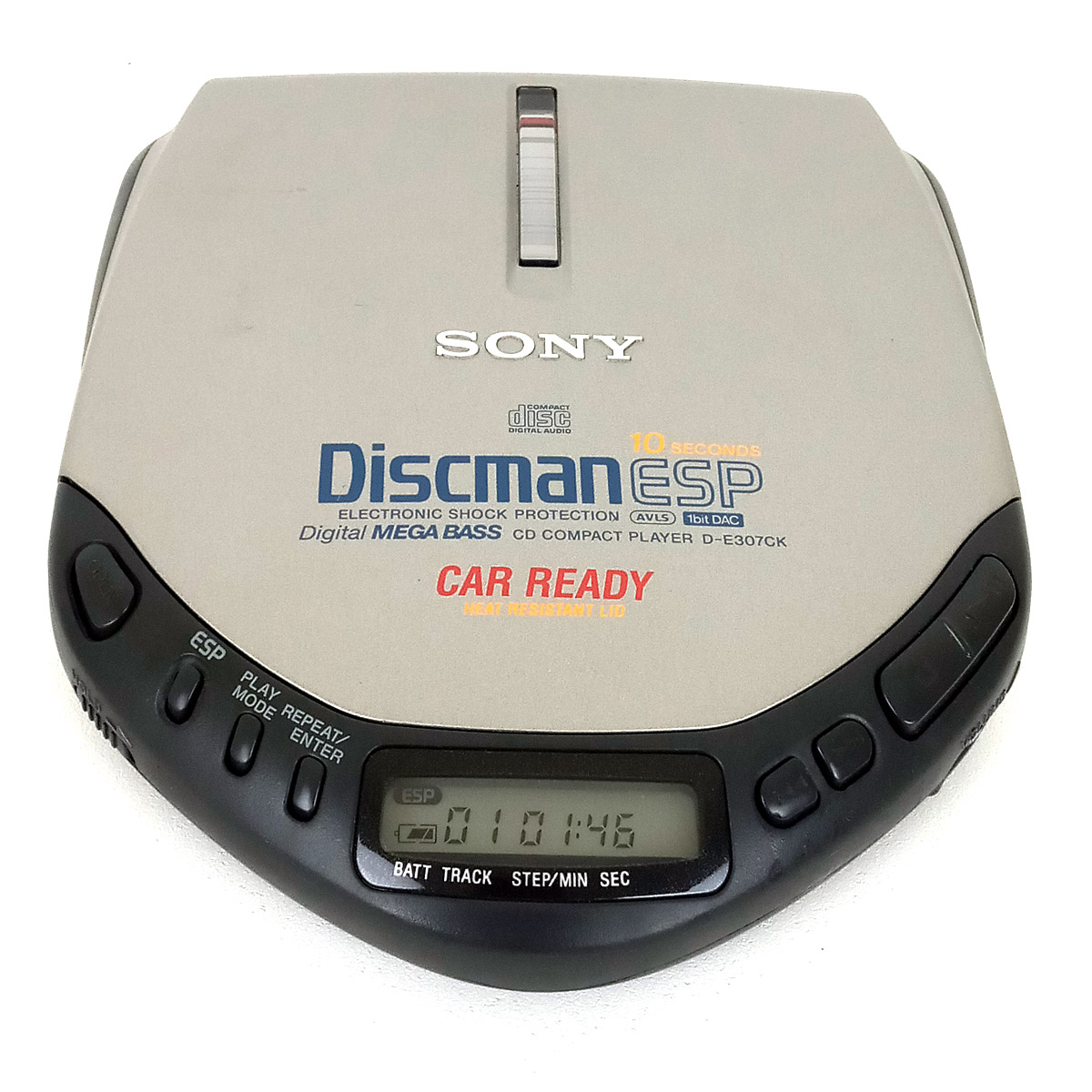 A Sony Discman portable CD player (model D-E307CK), showing the circular disc lid and playback controls.