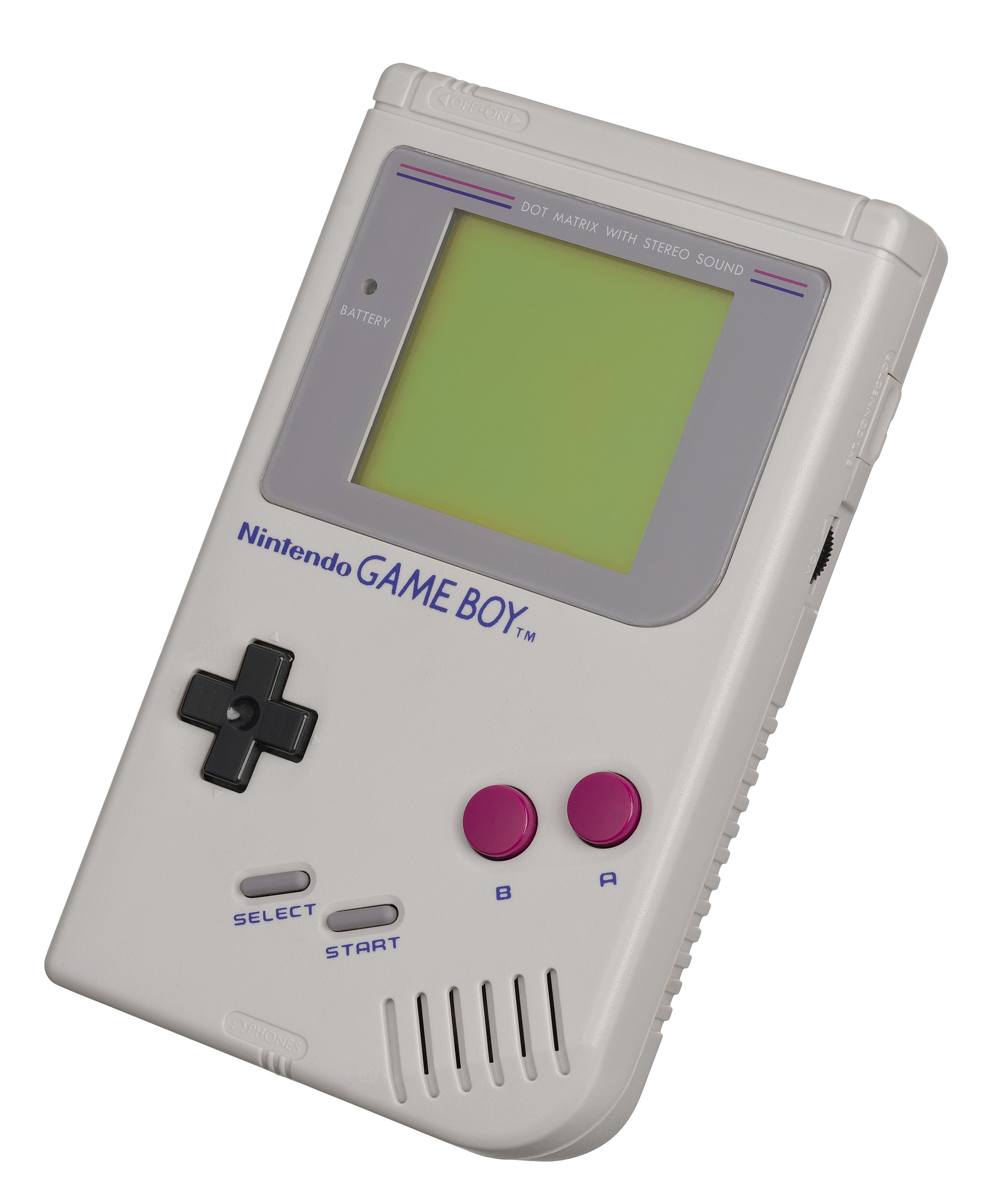 The original Nintendo Game Boy handheld console in grey, with D-pad, A/B buttons and a monochrome LCD screen.