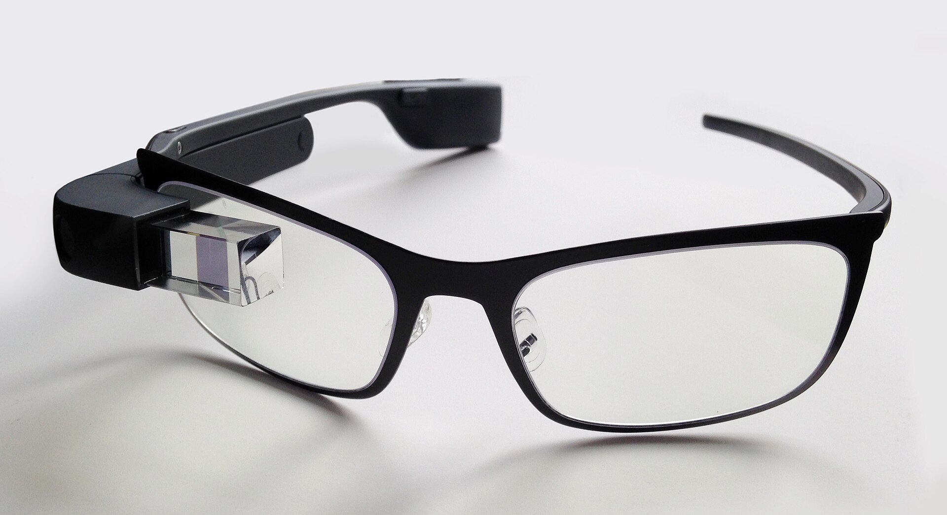 Google Glass Explorer Edition smart glasses, showing the small prism display above the right lens.
