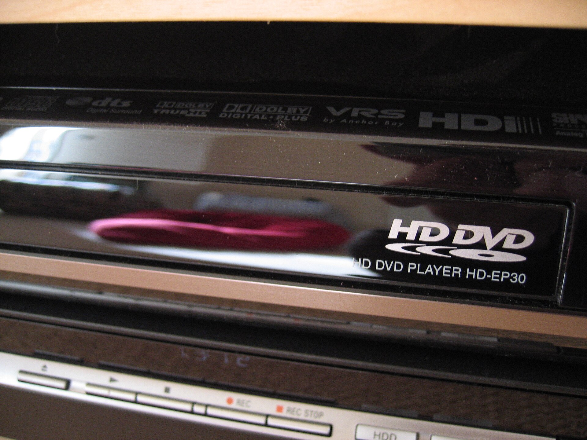 Close-up of the disc drive of a Toshiba HD-EP30 HD DVD player