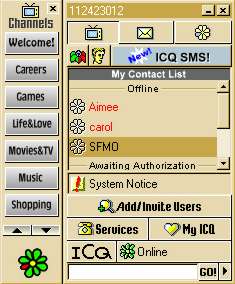 Instant-messaging client interface illustrating ICQ-style presence and contact lists