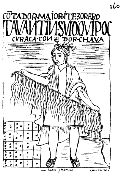 Guaman Poma drawing of a quipucamayoc holding a khipu, c. 1615