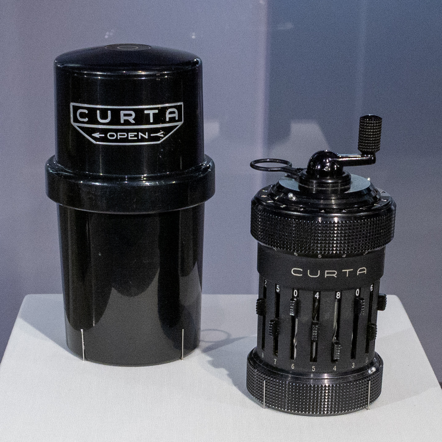 A Curta hand-crank mechanical calculator, 1950s-60s, at the Computer History Museum