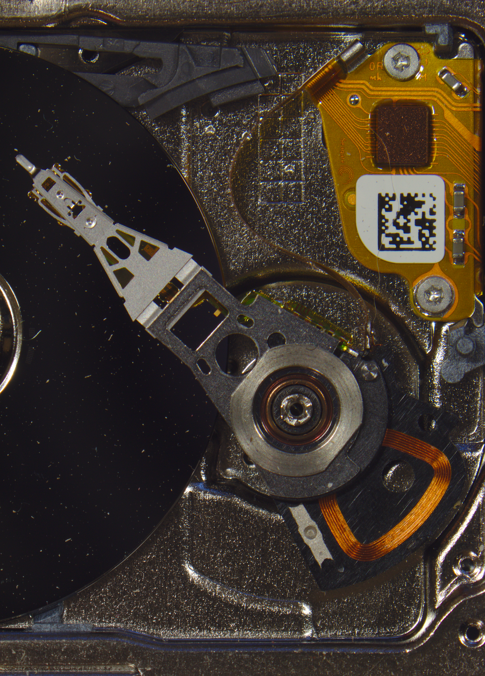A disassembled Seagate Microdrive showing its actuator arm, read/write head, and platter