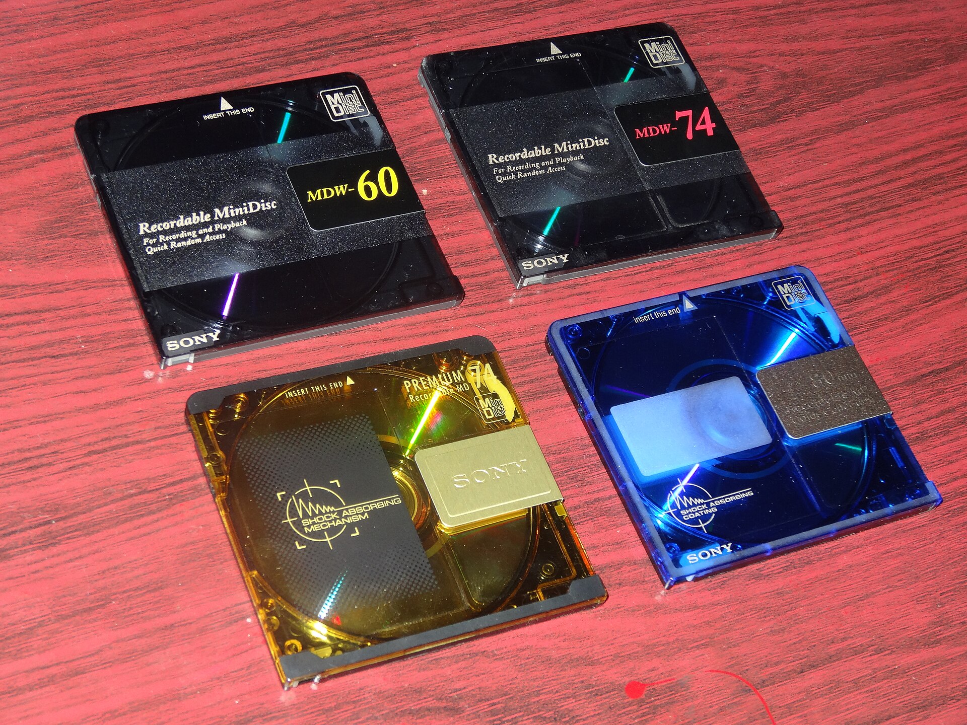 A Sony MiniDisc, smaller than a CD in its plastic shell