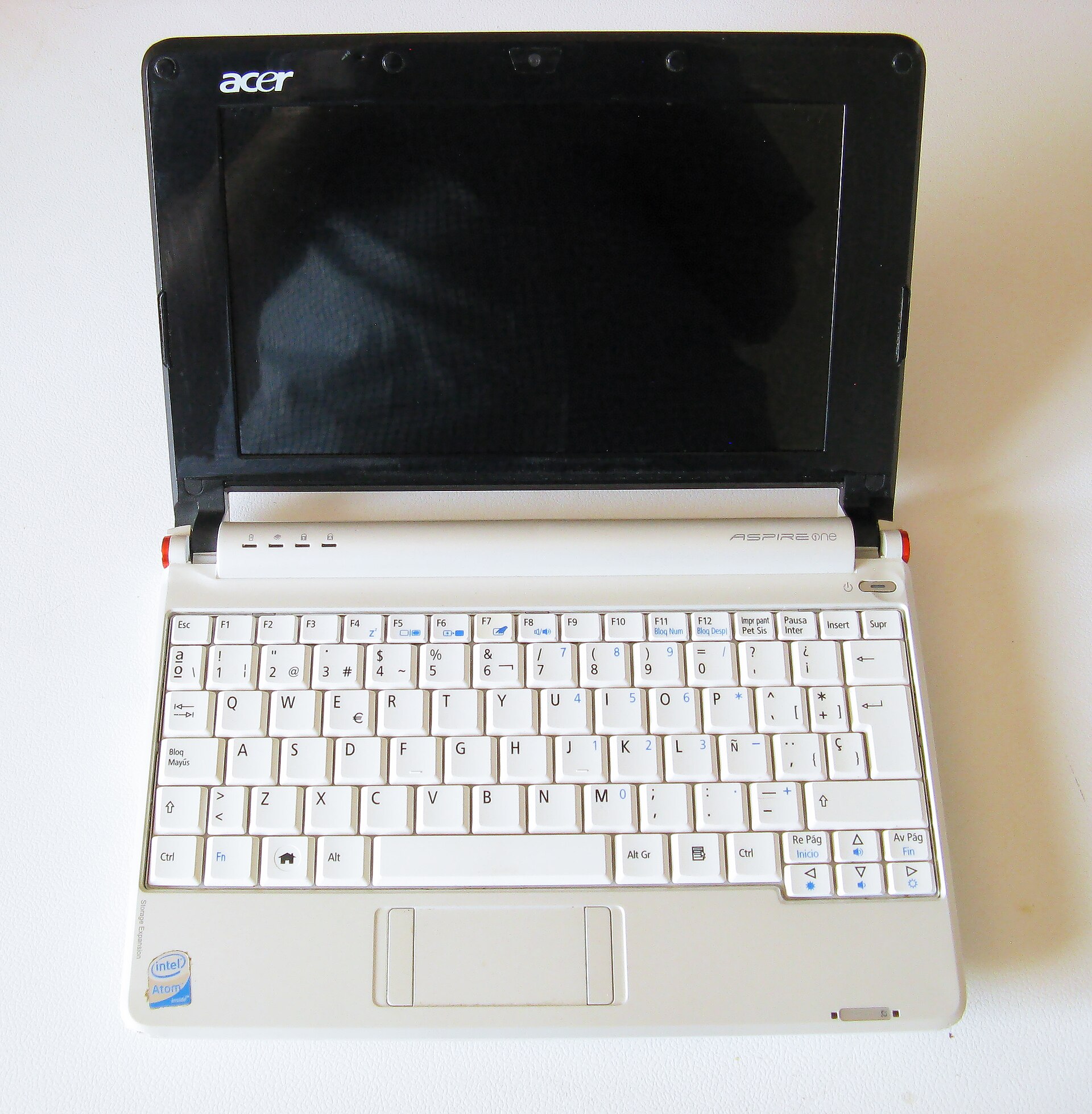 Acer Aspire One A150 netbook open, showing its small keyboard and compact screen