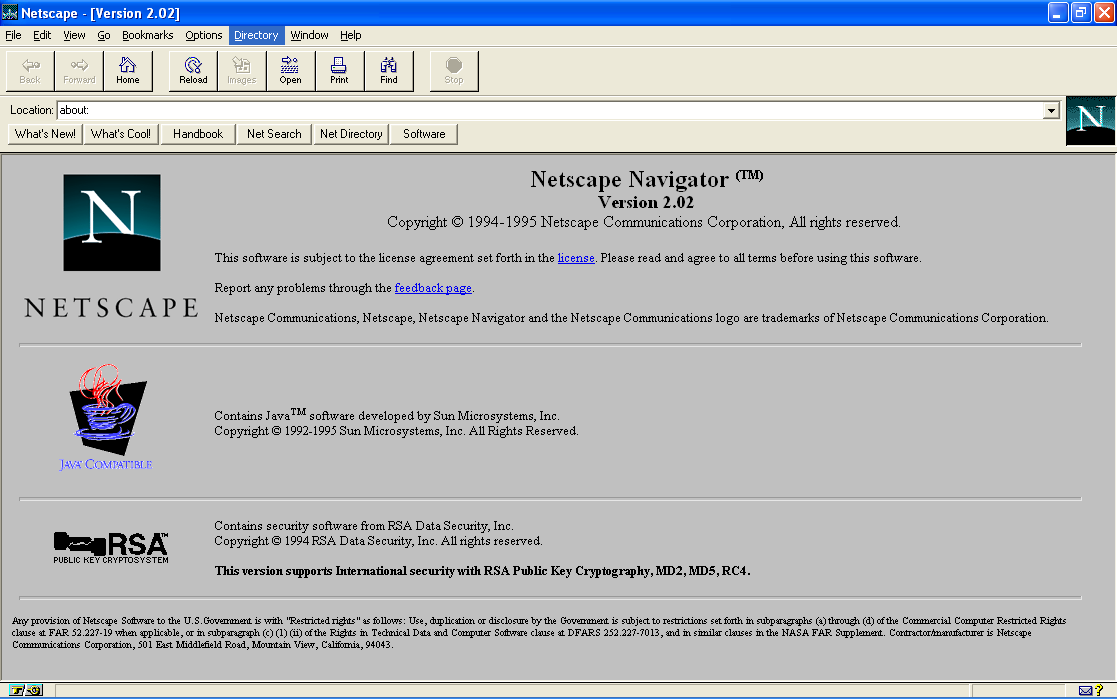 A screenshot of Netscape Navigator 2, the browser that defined the early commercial web.