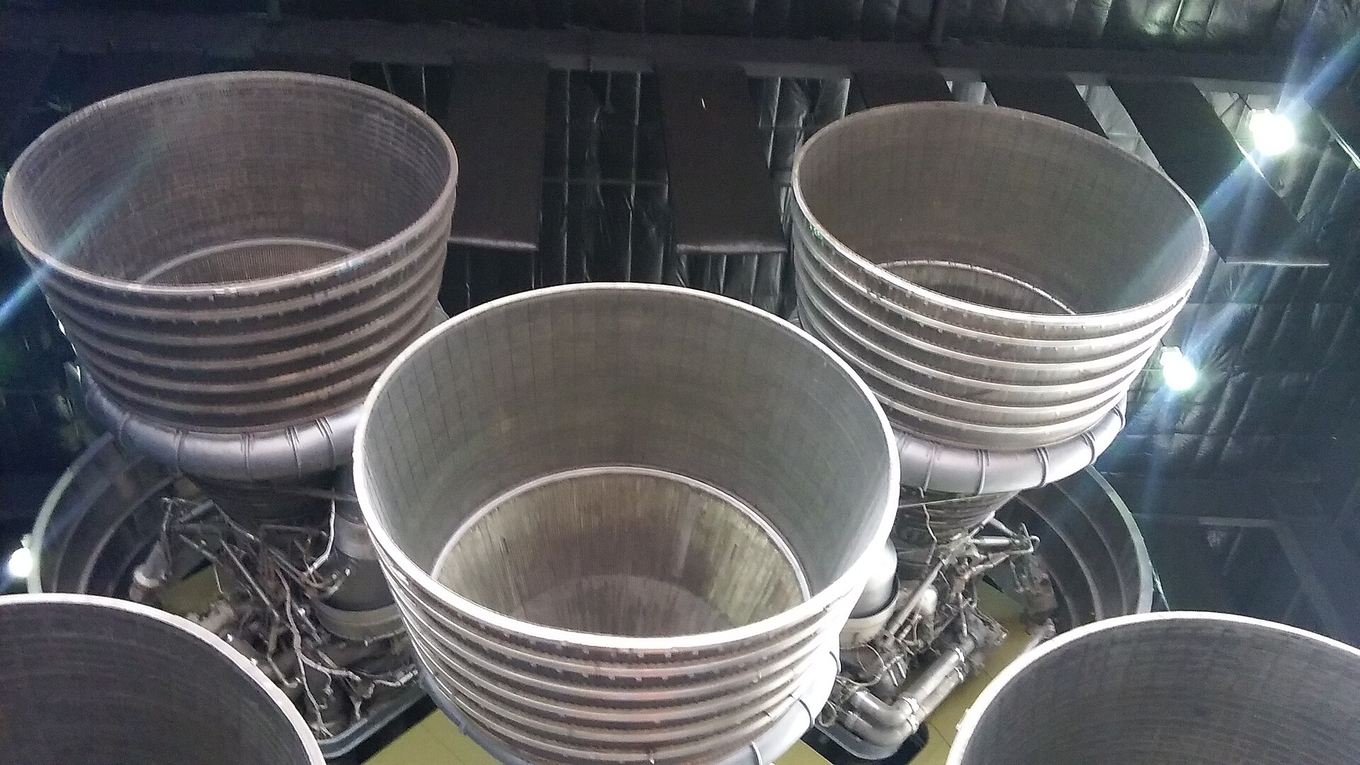 The five F-1 engines on a Saturn V first stage on display in Huntsville, Alabama
